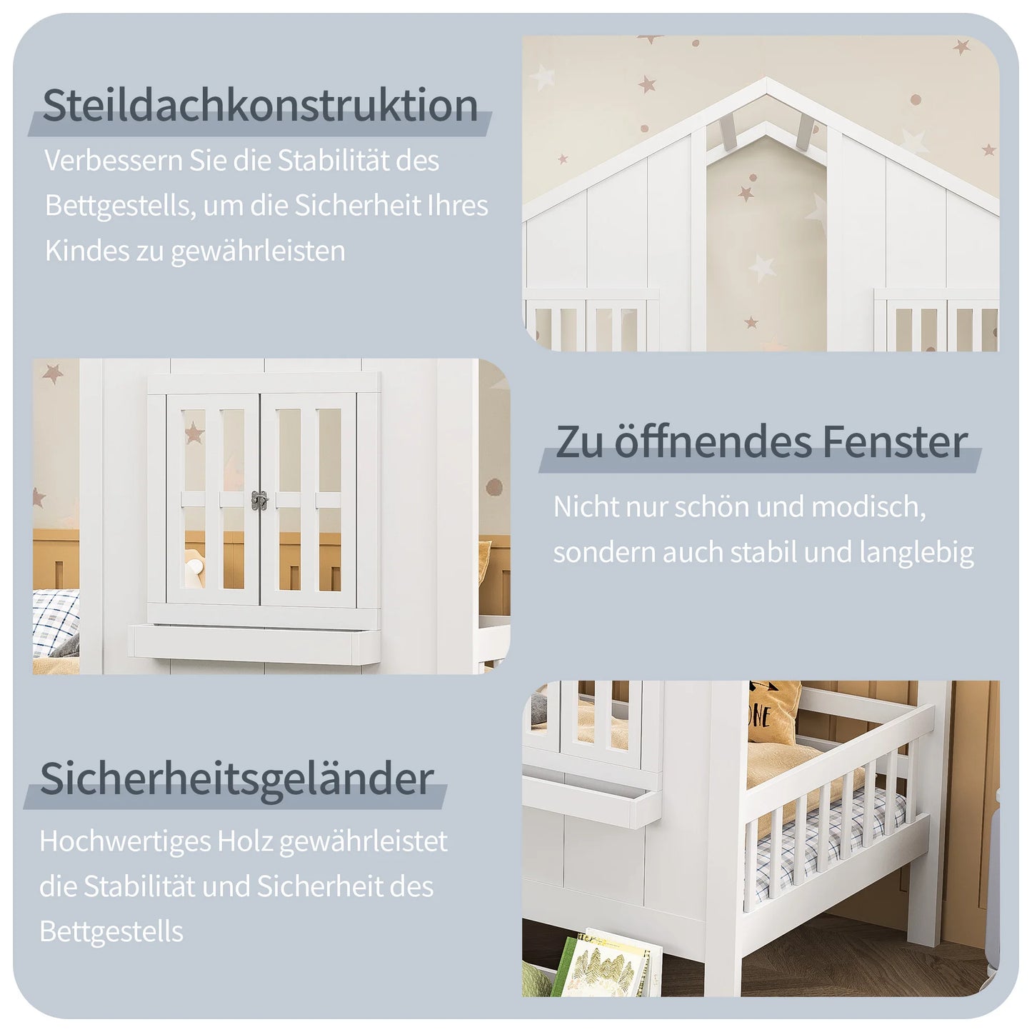 Roshanda Kinderbett, 90 x 200 cm, Hausbett, Einzelbett, mit Tafel/Bücherregal/Schublade, Kiefer, Weiß