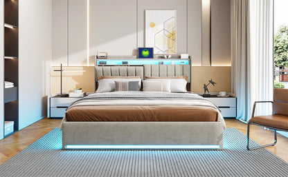 Bett 140 x cm mit LED-Box und USB, Polsterbett 140 x 200 mit LED-Licht gepolstertes Bett mit Stauraumbett 2 Personen