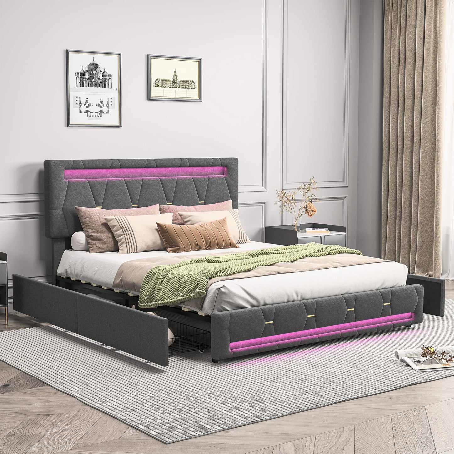 Rosahqnda Polsterbett 140 x 200 cm, Doppelbett mit LED-Beleuchtung, 4 Schubladen und Lattenrost, USB-Ladefunktion, hydraulisches Bett