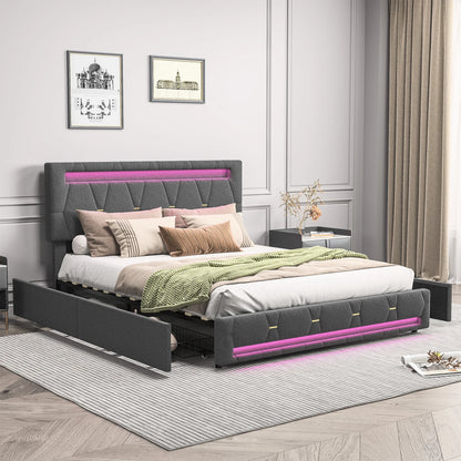 Rosahqnda Polsterbett 140 x 200 cm, Doppelbett mit LED-Beleuchtung, 4 Schubladen und Lattenrost, USB-Ladefunktion, hydraulisches Bett