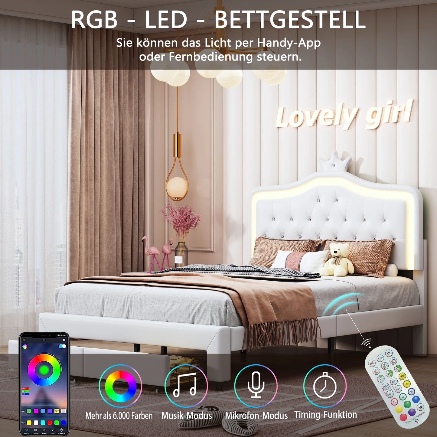 Rosahqnda Kinderbett Kronenform 90/140 x 200 cm, LED und Schubladen, höhenverstellbares Kopfteil, PU, Rosa/Weiß