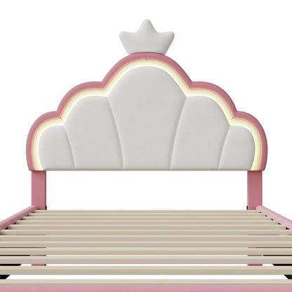 Anajqaqia 90x200cm gepolstertes Einzelbett, Kinderbett, mit Kronpenkopfteil und LED-Beleuchtung, Samtstoff, Rosa