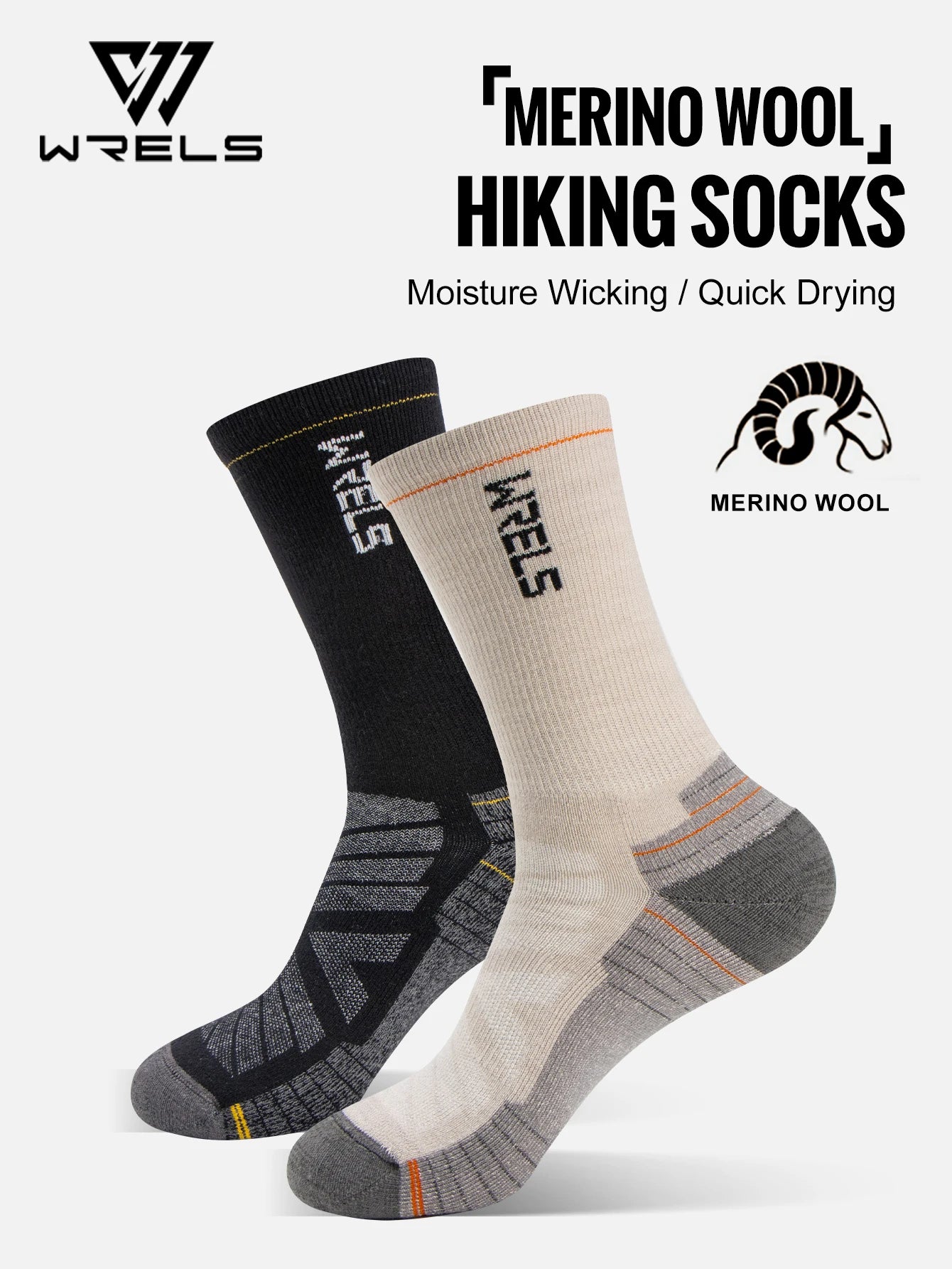 WRELS Merino Wool Socks Hiking Running Socks Soft Lightweight Shock Absorption Damping Mid-Calf Breathable Ankle Cycling Socks.