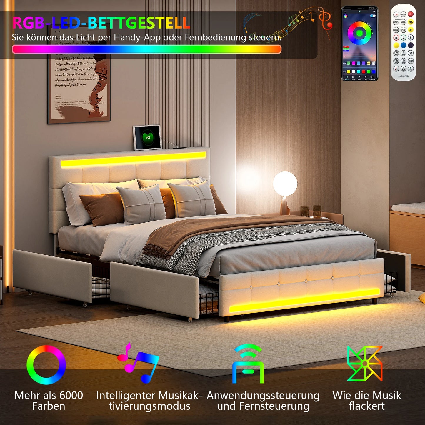 Rosahqnda Polsterbett mit 4 Schubladen und 2 USB-Anschlüssen, Bettrahmen mit LED-Leuchten, Kopfteil, Fußteil und Stauraum