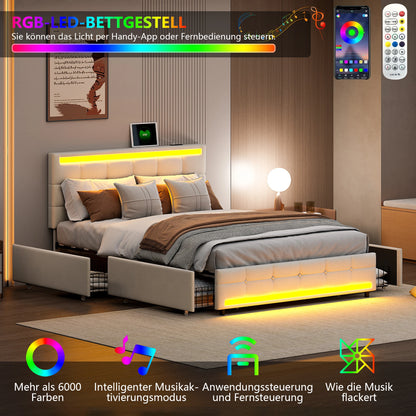 Rosahqnda Polsterbett mit 4 Schubladen und 2 USB-Anschlüssen, Bettrahmen mit LED-Leuchten, Kopfteil, Fußteil und Stauraum