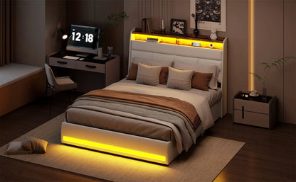 Rosahqnda Doppel-Jugendbettgestell 140–160 x 200 cm mit hydraulischem LED- und USB-Aufbewahrungsbett, Einzelbett, Gäste-/Master-Schlafzimmer, PU, weiß/schwarz