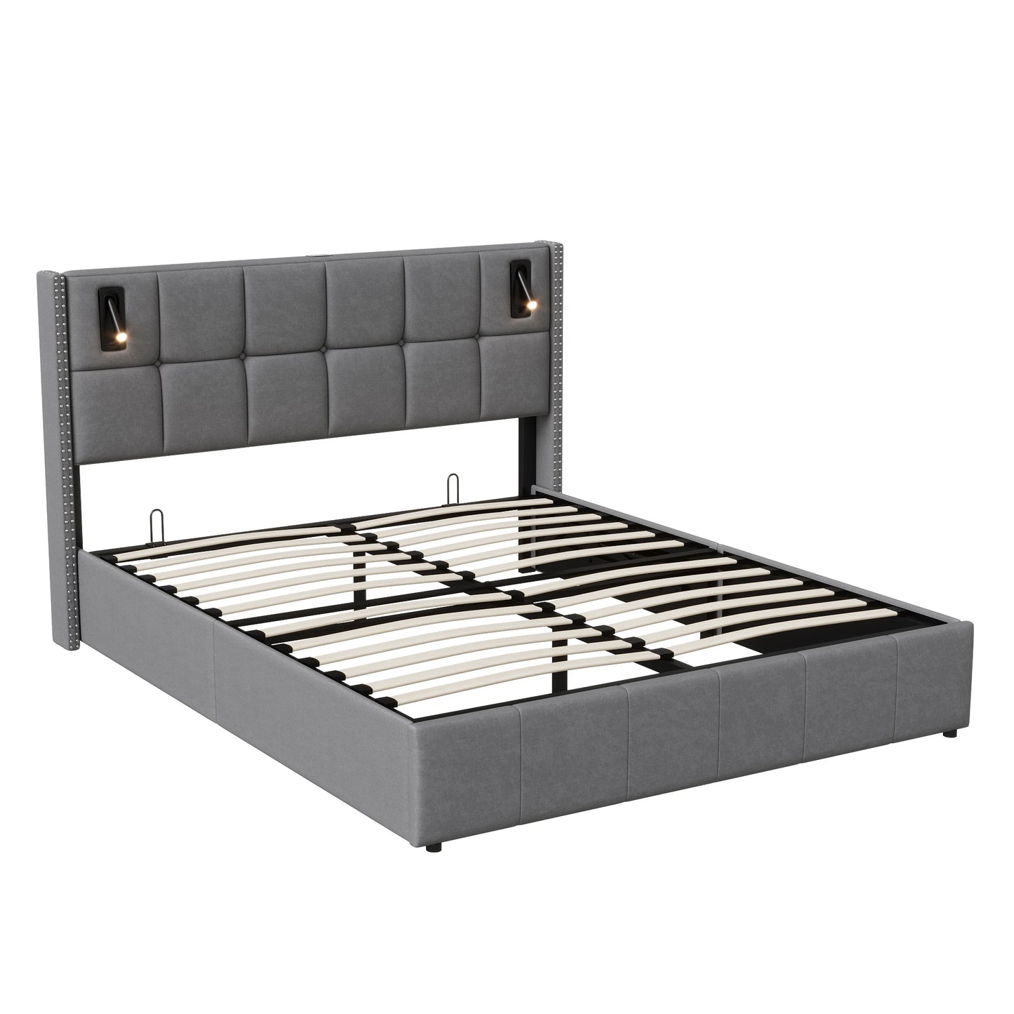 Rosahqnda Polsterbett 160x200 cm mit Stauraum,Kopfteil mit LED-Leselicht,Kupfernieten Modernes Bettgestell,Grauer Samtstoff