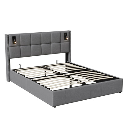 Rosahqnda Polsterbett 160x200 cm mit Stauraum,Kopfteil mit LED-Leselicht,Kupfernieten Modernes Bettgestell,Grauer Samtstoff