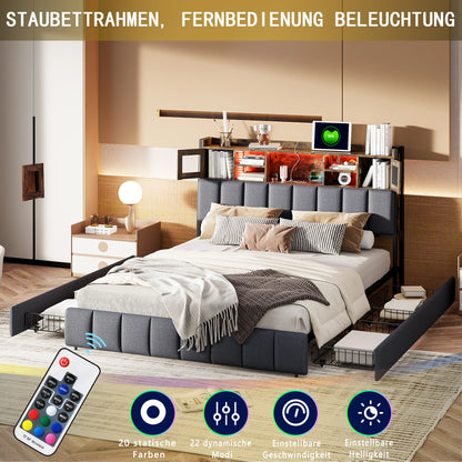 WoodenAura Polsterbett 140x200cm, Doppelbett mit 4 Schubladen, LED Kopfteil mit USB Ladefunktion, Rückenlehne Bett mit Stauraum