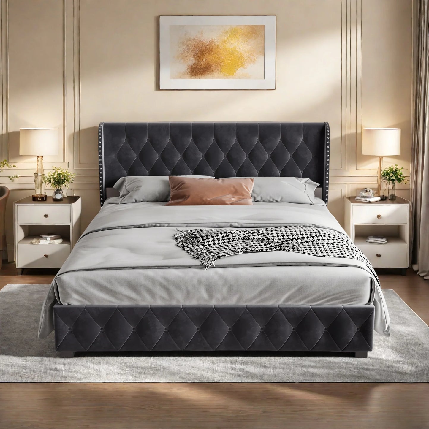 Rosahqnda gepolstertes Doppelbett, 140–160–180 x 200 cm, Stauraumbett, hydraulisches Bett, Erwachsenenbett, Samt, Dunkelgrau