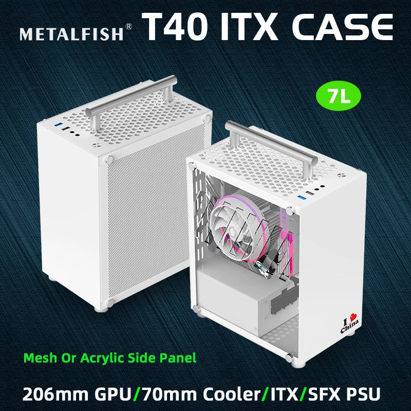 METALFISH T40 Mini ITX Case 7L Gaming Computer White Chassis Compact Transpare PC Support SFX PSU/70mm Cooler With Handle.