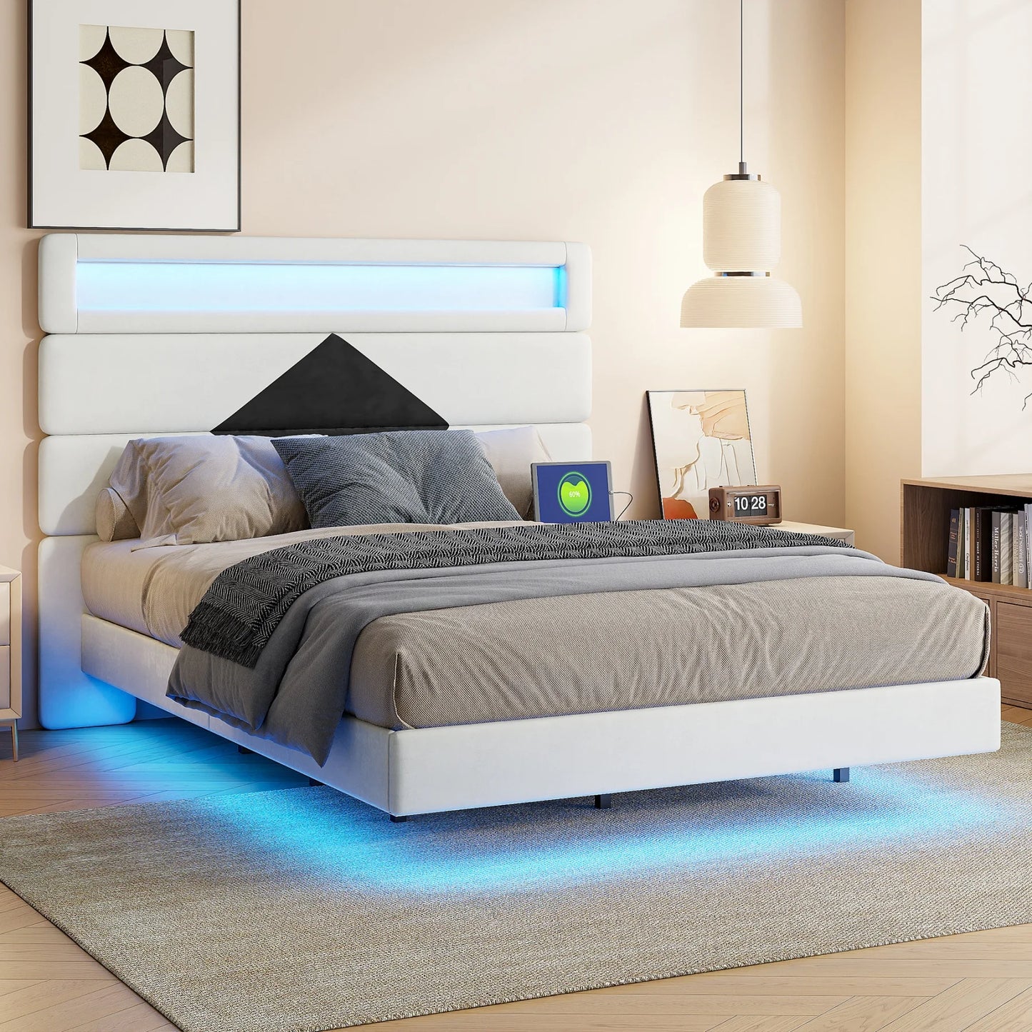 Rosahqnda Double Bed 140x190cm,Upholstered Bed with LED lighting and USB Charging Port,Youth Bed Ajudtable Headboard,WhiteVelvet