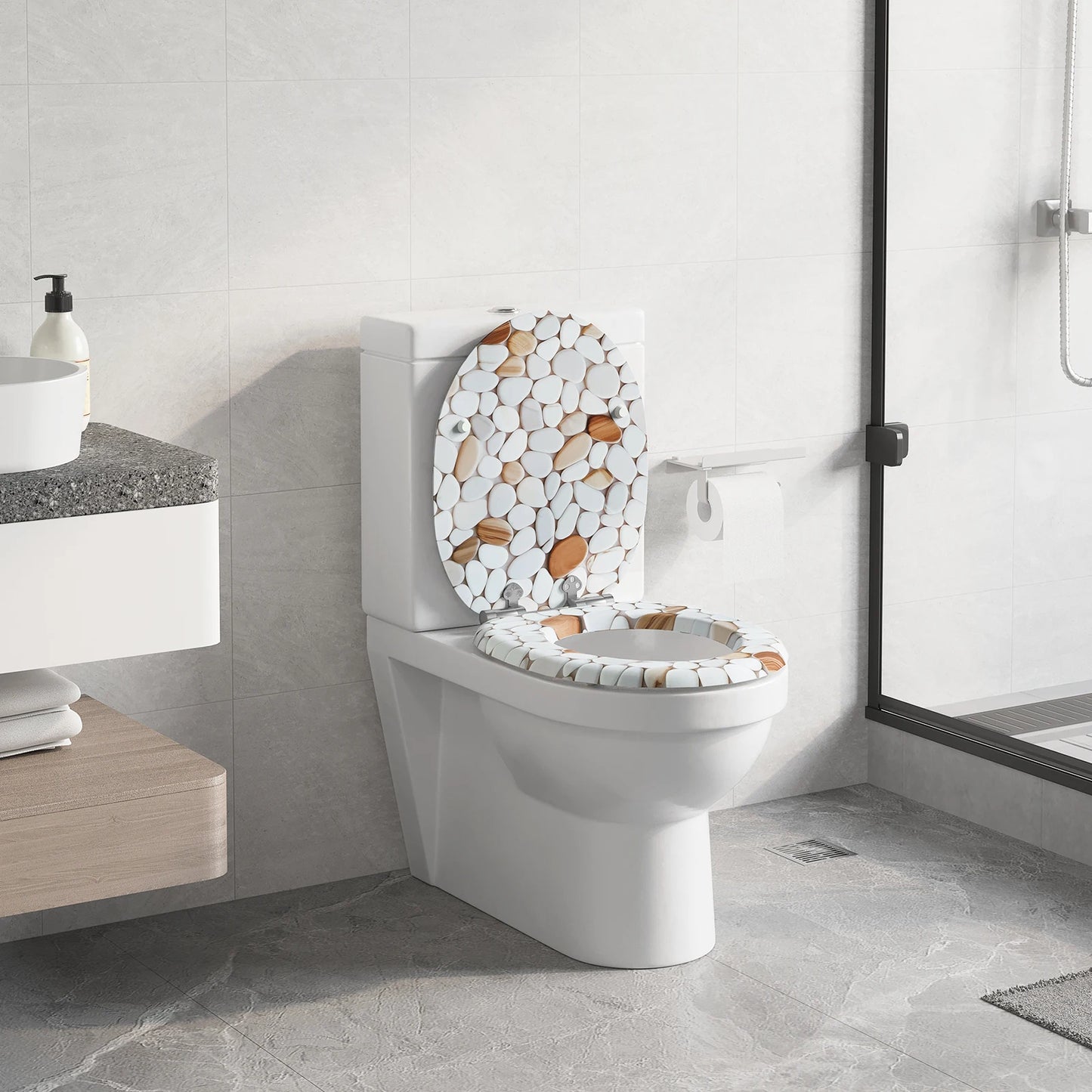 O-förmiger Toilettensitz, verstellbare Scharniere, Toilettendeckel mit Motiv, Soft-Close-Mechanismus für Badezimmer