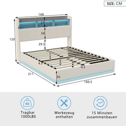 WoodenAura 160x200 CM Polsterbett mit LED-Lichtleiste, Kopfteil mit Stauraum, Doppelbett, flacher Bettrahmen, Metallbettrahmen