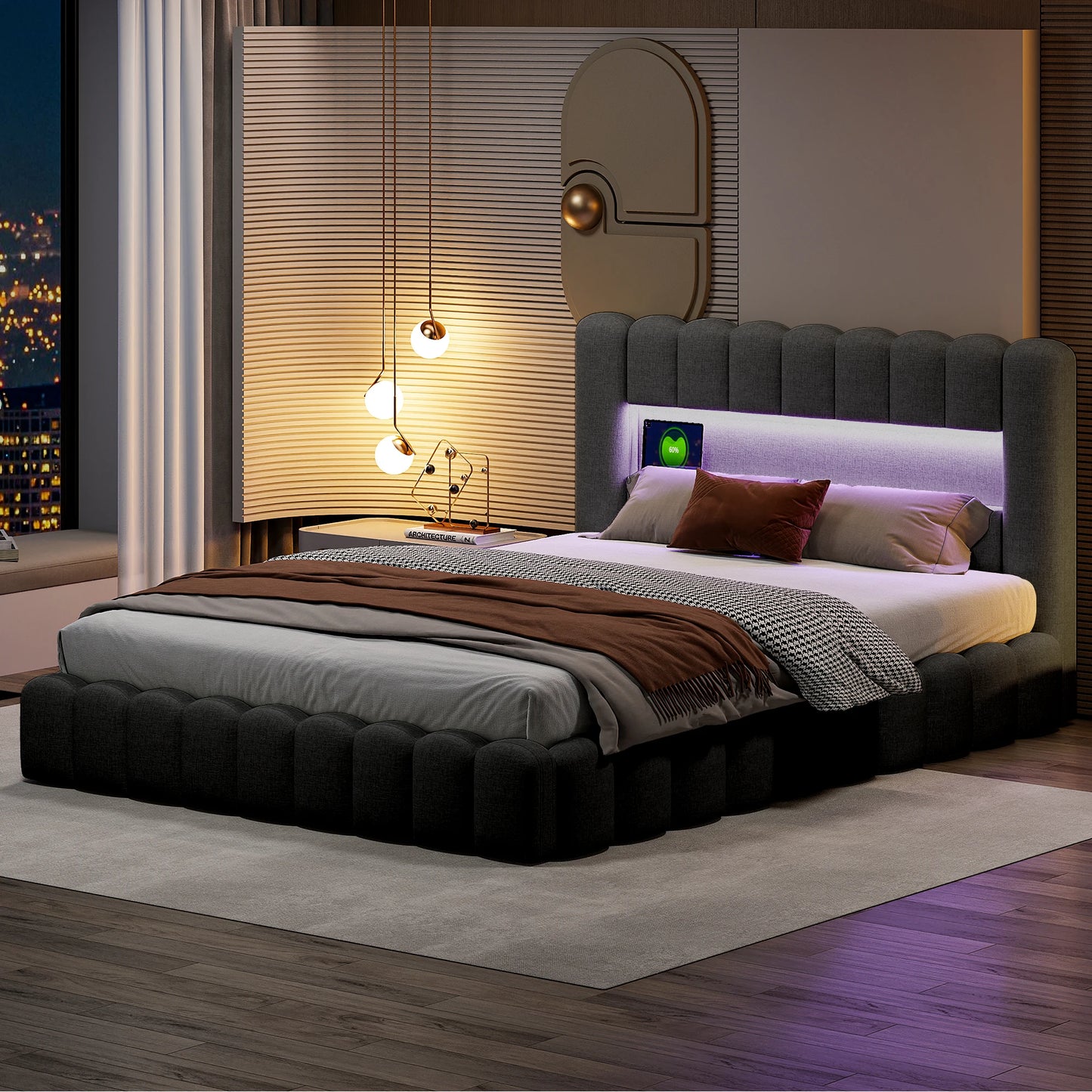 Rosahqnda Polsterbett mit LED- und USB-Anschluss, Leinenbaumstumpfbettgestell mit Kopfteil, 140 x 200 cm großes hydraulisches Bett ohne Matratze