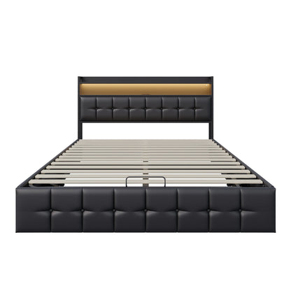Rosahqnda Polsterbett 140x200 cm mit Lichtleiste, Stauraumbett mit Kopfteil, Doppelbett mit Lattenrost für 2 Personen,PU,Schwarz