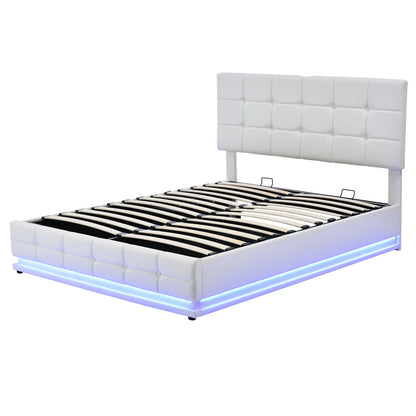 Rosahqnda gepolstertes Doppelbett 140 x 200 cm, LED-Beleuchtung, Doppelbett mit Stauraum, Kinderbett, Jugendbett, weißes PU-Leder