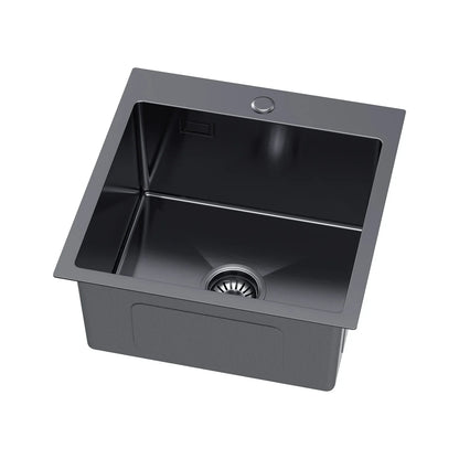 Graphitschwarzes Edelstahlspülbecken 46 x 45 cm – Einzelschüssel-Topmount – mit Abflusssatz, Überlauf und Zubehör