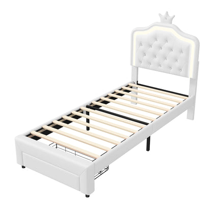 90x200cm Polster bett, Einzel bett mit Lattenrost und Rückenlehne, mit LED und großem Stauraum, PU, White, ohne Matratze