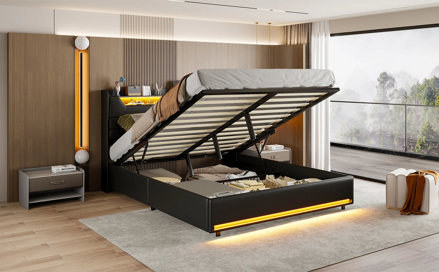 Rosahqnda Doppelbett 140–160 x 200 cm, gepolstertes Bett mit LED, USB und Stauraum, hydraulisches Funktionsbett, PU, Schwarz