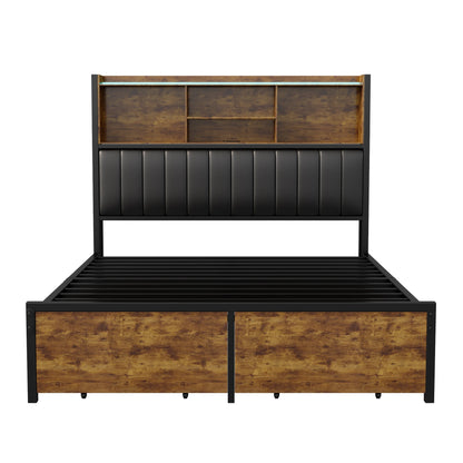 Rosahqnda Doppelbett aus Eisen, Rahmen mit LED, USB und Schubladen, gepolstertes Bett, 140–160–180 x 200 cm, Stauraum, Kopfteil, Jugendbett, PU, Schwarz