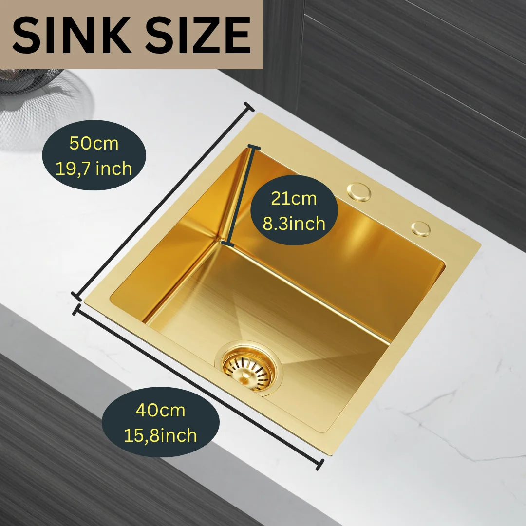 PVD Gold Edelstahlspüle 40 x 50 cm – Einzelbecken mit Abflussrohr, Wasserhahnloch, X-Drain-Design für schnellen Wasserdurchfluss