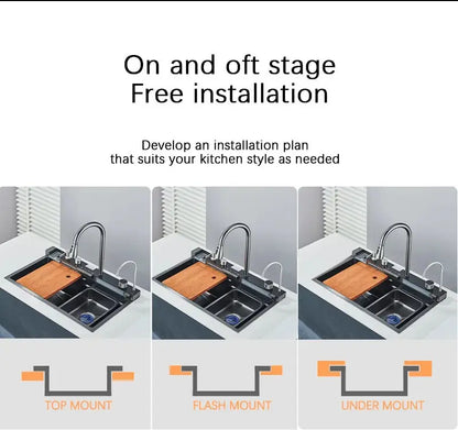 Wasserfall-Küchenspüle aus Edelstahl 304, großes Einzelschlitz-Wasserhahn-Set mit integrierter Digitalanzeige, Seifenspender, Tassenwascher