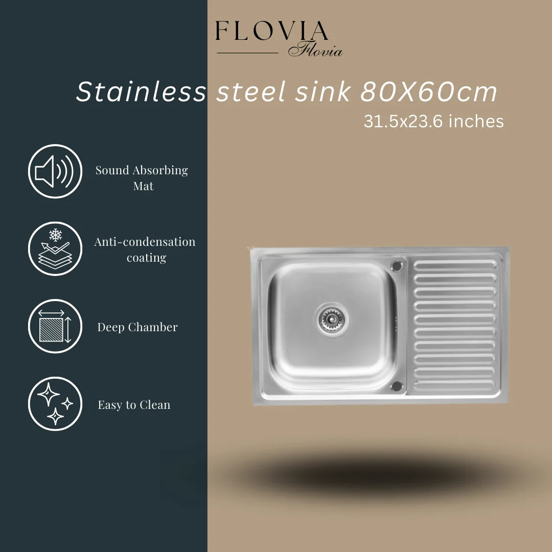 Küchenspüle aus Edelstahl, 80 x 60 cm, mit Abtropffläche, Einzelschüssel, Wasserhahnloch, umschaltbar auf der Oberseite