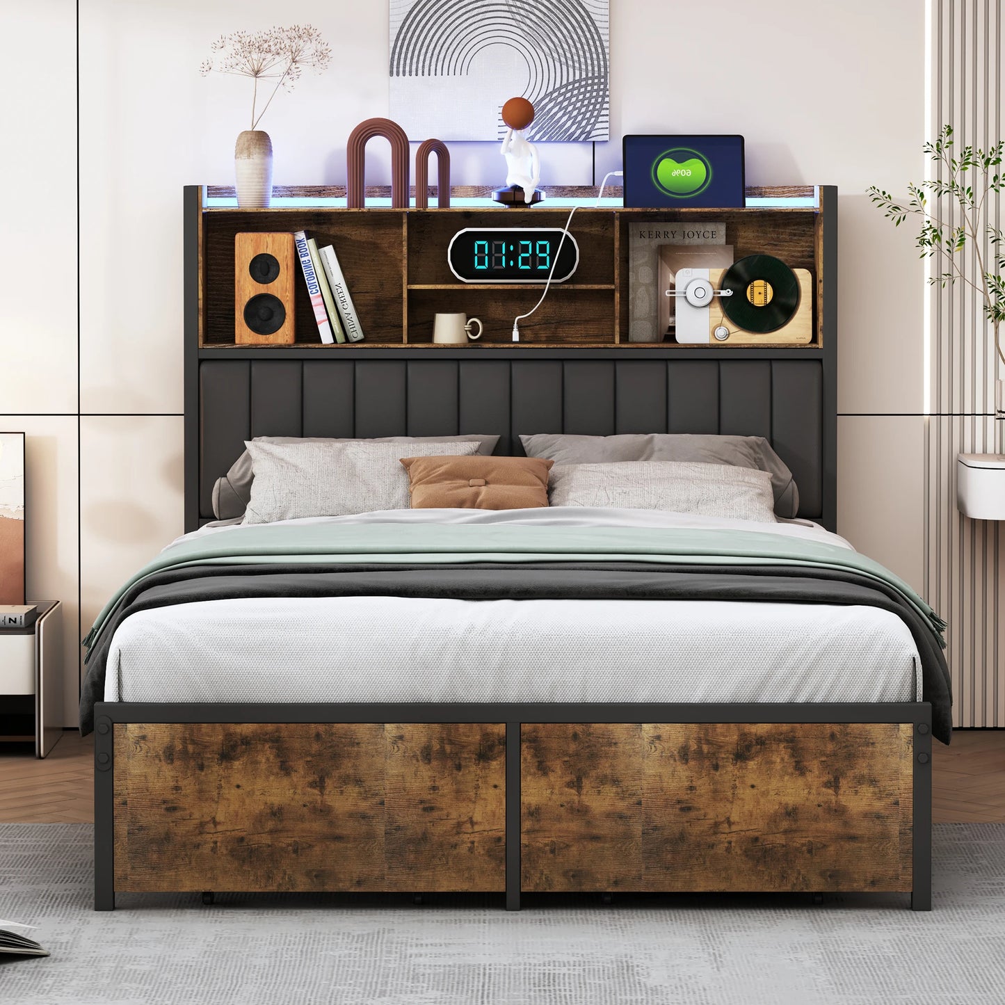 WoodenAura Doppelbettgestell aus Holz und Metall, Retro-Bett mit LED-PU-Kopfteil und 2 Schubladen, modernes Bett mit Stauraum