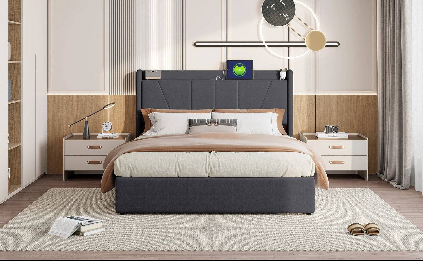 RosahqndaPolsterndes Doppelbett mit Stauraum unter dem Bett, LED-Kopfteil mit USB/Typ C, Bettgestell mit Stauraum und Lattenrost