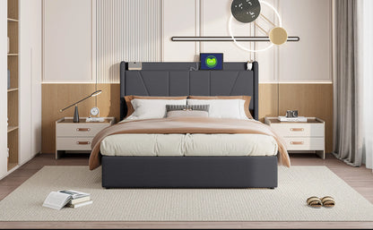 RosahqndaPolsterndes Doppelbett mit Stauraum unter dem Bett, LED-Kopfteil mit USB/Typ C, Bettgestell mit Stauraum und Lattenrost