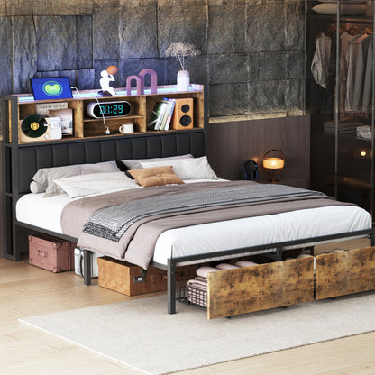WoodenAura Doppelbettgestell aus Holz und Metall, Retro-Bett mit LED-PU-Kopfteil und 2 Schubladen, modernes Bett mit Stauraum
