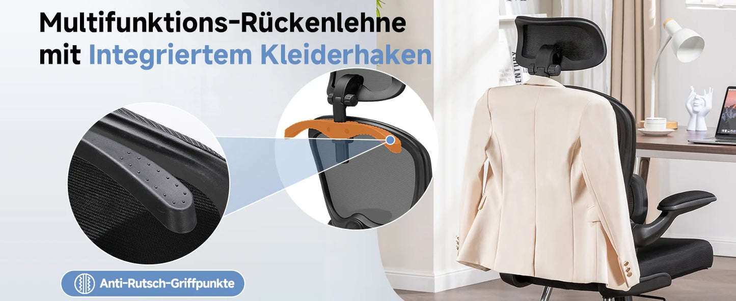 COMHOMA Bürostuhl Ergonomisch, Schreibtischstuhl mit 3D Kopfstütze und Lendenwirbelstütze, Integriertes Kleiderhaken-Design