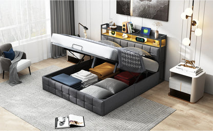 Rosahqnda Polsterbett 140 x 190 cm Doppelbett mit LED und USB, gepolsterter Bettrahmen mit Kopfteil und Lattenrost, Höhe 32 cm