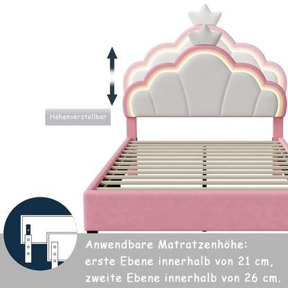 Rosahqnda Kinderbett, Gepolstertes Einzelbett, LED-Beleuchtung, Prinzessinnen-Mädchenbett mit Kronenblüten-Kopfteil, Lattenrost
