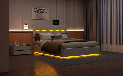 Rosahqnda Doppelbettgestell 140-160-180*200cm Polsterbett mit LED & USB & viel Stauraum, Jugendgästebett, PU, Beige/Schwarz