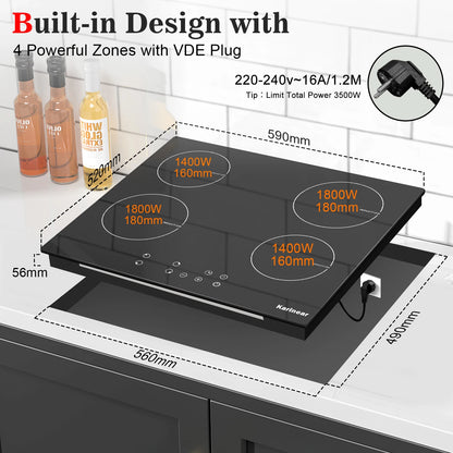 Karinear Built-in Induction Cooktop with 4 Burners with Plug, Touch Control, Timer Safety Lock, 3500W.