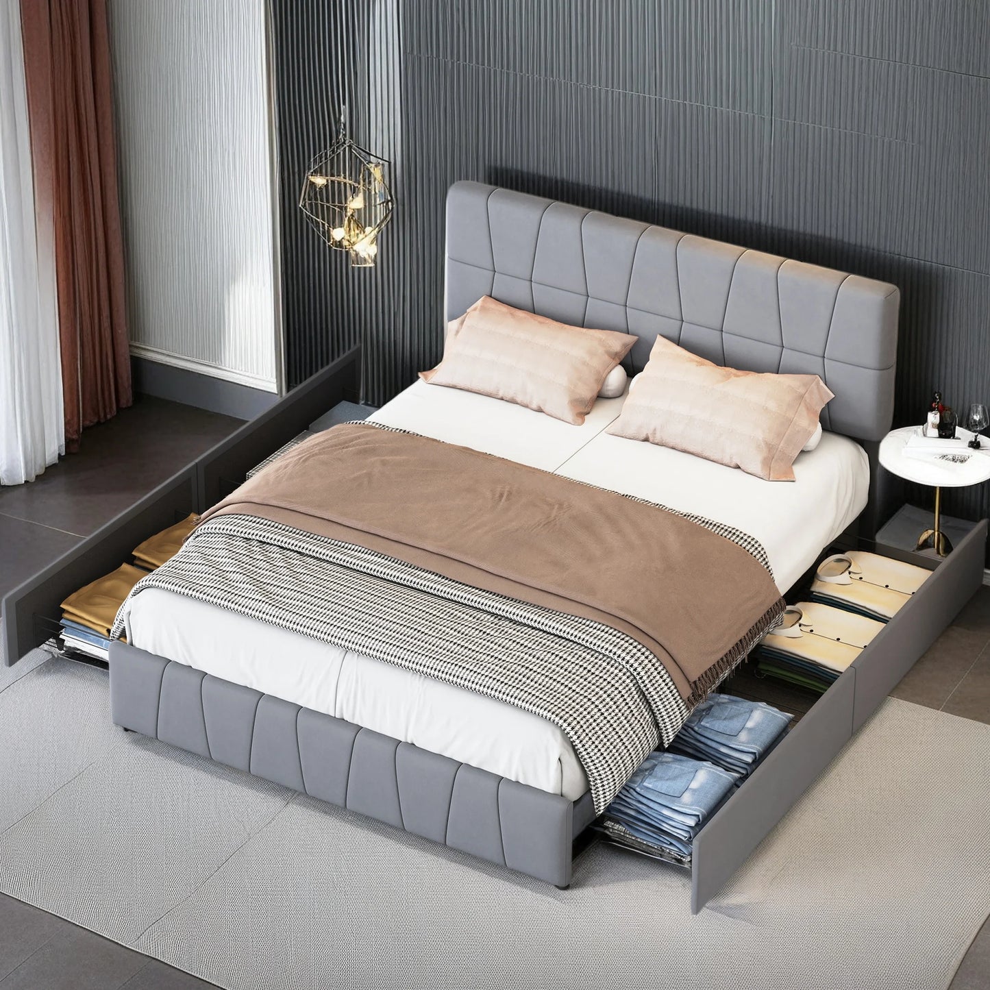 ROSAHQNDA Modernes Doppelbett, Polsterbett mit 4 Schubladen, Samt, verstellbares Kopfteil, Doppelbettgestell, ohne Matratze