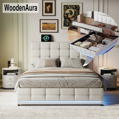 WoodenAura Polsterbett 140 x 200 cm, Metalllattenrost & Bettkasten, Doppelbett höheverstellbarem Polsterkopfteil & hydraulischem