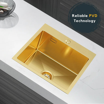 Gold PVD Stainless Steel Kitchen Sink 46x45cm Single Bowl with Faucet Hole, Overflow, Drain Kit, Top mount Design