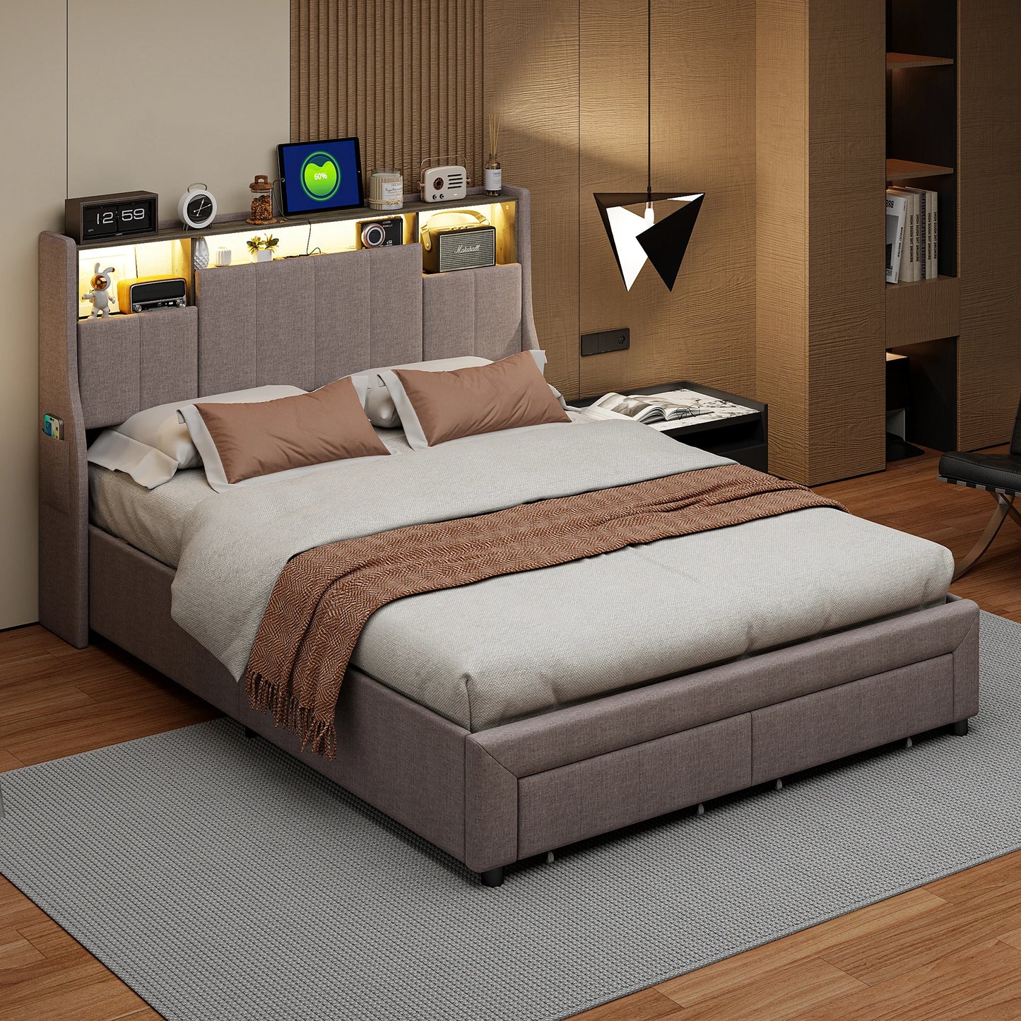 Upholstered Bed 160 x 200 cm, Bed Frame with LED Lights, USB Ports and Storage Headboard, Double Bed, Guest Bed, Teenager's Bed
