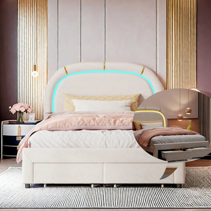 WoodenAura Doppelbett 140 × 200 cm gepolstertes mit 2 Schubladen und LED-Lichtst reifen, mit Rückenlehne Kopfteil und Lattenrost