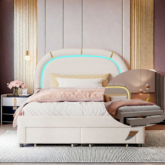 WoodenAura Doppelbett 140 × 200 cm gepolstertes mit 2 Schubladen und LED-Lichtst reifen, mit Rückenlehne Kopfteil und Lattenrost