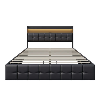 Rosahqnda Multifunctional Double Bed,Rechargeable,LED and Hydraulic Storage,Teen Bed,140/160 x 200 cm,Linen/PU,Grey,Black.