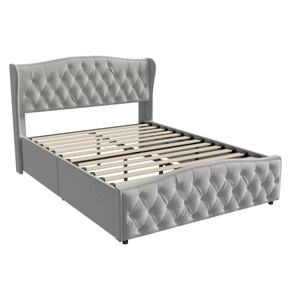 Polsterbett 140x200 cm mit Unterbettkommode, Doppelbett mit Kopfteil und Lattenrost, Samt, für Erwachsene und Jugendliche