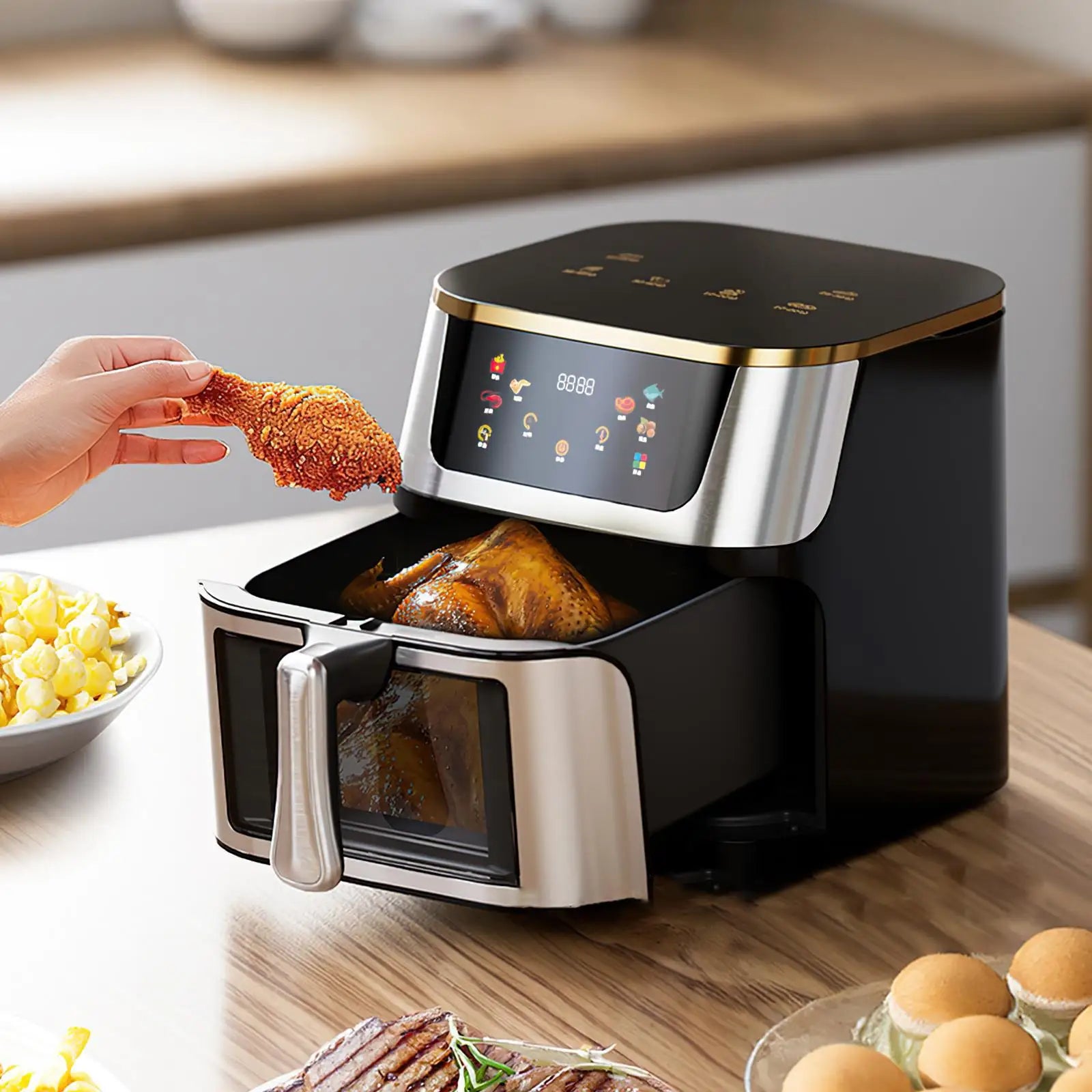 1400W 8L Air Fryer Stainless Steel Visible wide Capacity Electric Oven Touch glass Multifunctional Electric Fryer.