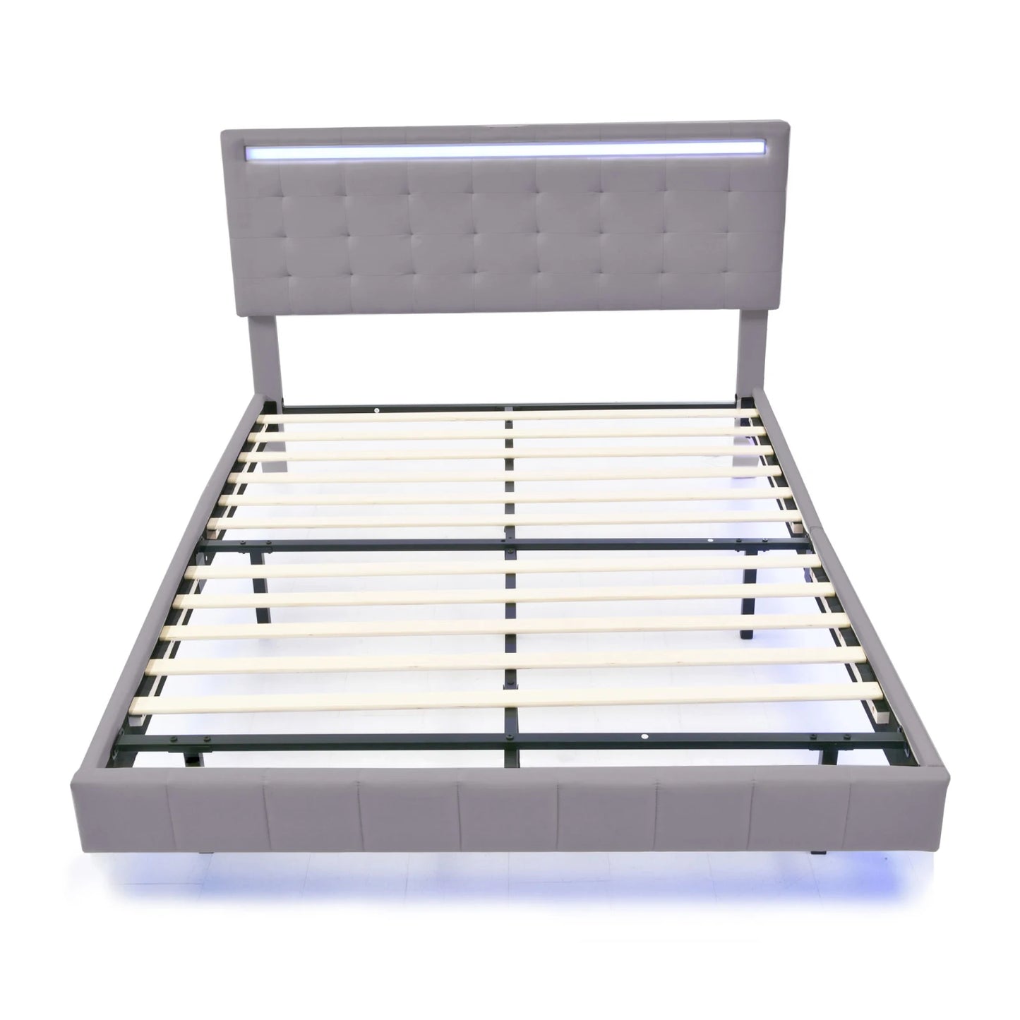 Rosahqnda Polsterbett 140/160x200cm, Doppelbett mit LED, 2 USB, schwebender Bettrahmen, Holzlattenrost, graues Leinen