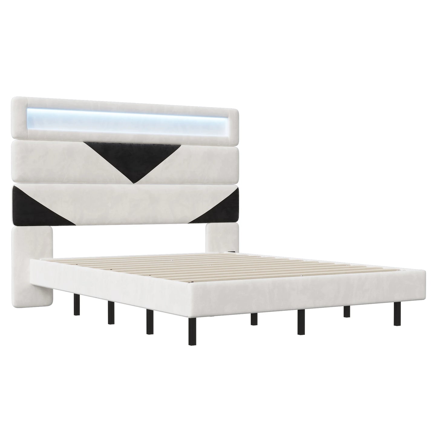 Rosahqnda Double Bed 140x190cm,Upholstered Bed with LED lighting and USB Charging Port,Youth Bed Ajudtable Headboard,WhiteVelvet