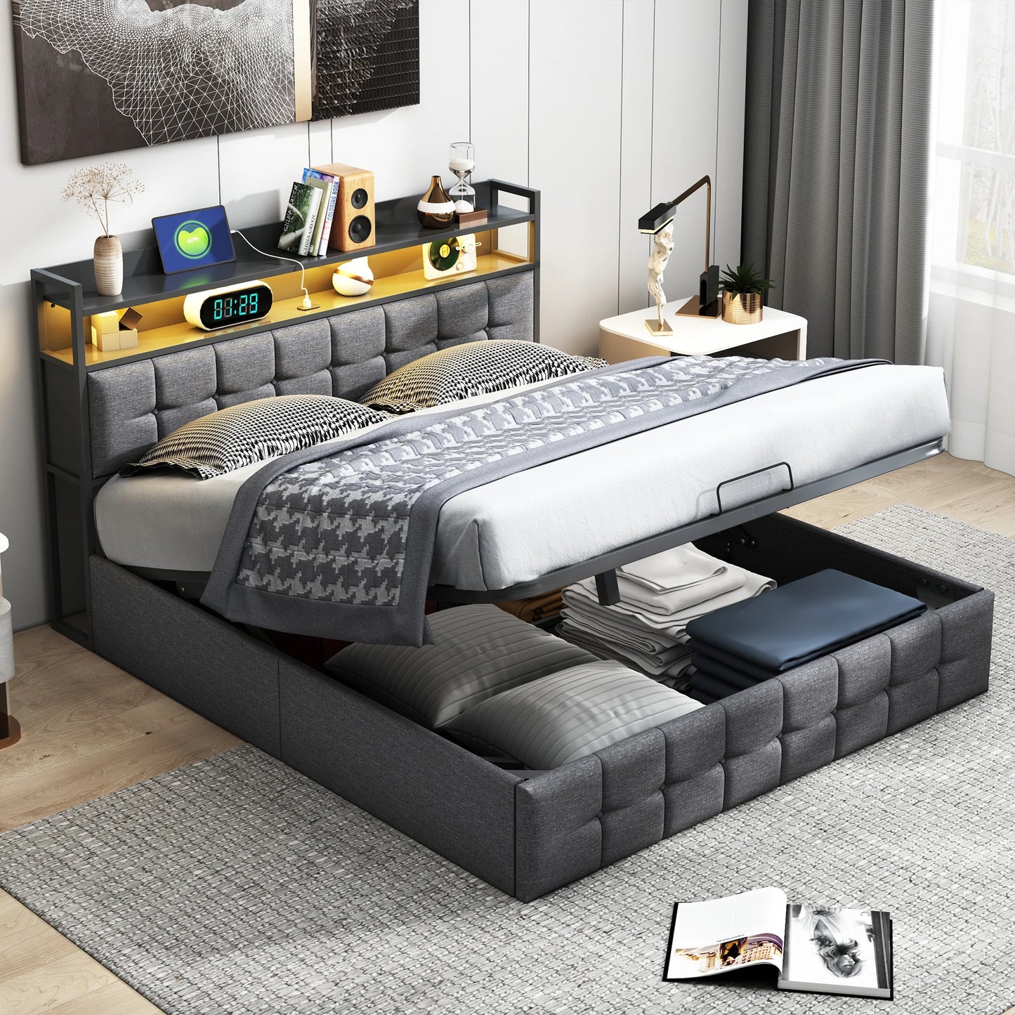 Rosahqnda Multifunctional Double Bed,Rechargeable,LED and Hydraulic Storage,Teen Bed,140/160 x 200 cm,Linen/PU,Grey,Black.