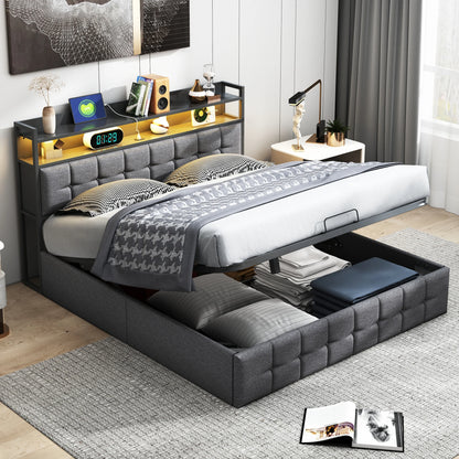 Rosahqnda Multifunctional Double Bed,Rechargeable,LED and Hydraulic Storage,Teen Bed,140/160 x 200 cm,Linen/PU,Grey,Black.